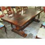 REFECTORY TABLE, of solid construction on shaped supports, 100cm D x 225cm W x 77cm H.