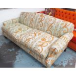 SOFA, traditional style blue and gold upholstery, 200cm W x 85cm x 83cm H.