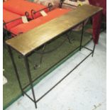 CONSOLE TABLE, with bronzed top, on a square metal support frame, 120cm x 25cm x 80cm H.