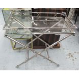 BUTLER'S TRAY ON STAND, polished metal and glass, 77cm x 43cm x 80cm H.