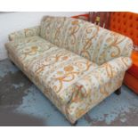 SOFA, traditional style blue and gold upholstery, 200cm W x 85cm x 83cm H.