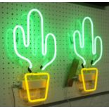 CACTUS NEON LIGHTS, a pair, yellow and white, 37cm H.