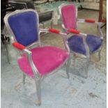 FAUTEUILS, a pair, silvered showframes with pink, red, purple and blue contrasting upholstery,