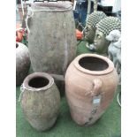 OLIVE JARS, three, terracotta, 111cm H, 74cm H and 60cm H.