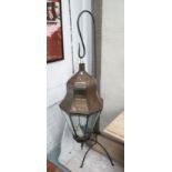 HANGING LANTERNS, on floor stand, with glazed panels, Moorish style, 165cm H x 45cm.