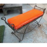 WINDOW SEAT, Paulton Designs style, scrolled wrought metal with orange cushions,