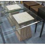 LAMP TABLES, a pair, travertine with square bevelled glass tops, 70cm x 70cm x 62cm H.