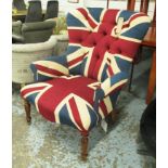 ARMCHAIR, linen union flag upholstery buttoned back on turned supports, 84cm W.