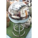 SCULPTURE ART BALL ON STAND, polished metal ex Harrods, 65cm x 117cm H.