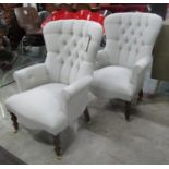 ARMCHAIRS, a pair, cream linen upholstery button back on turned supports, 67cm W.