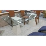 DINING TABLE, travertine with rectangular bevelled glass top on twin pedestals,