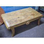 LOW TABLE, burr elm, with rectangular roundel sided top, 38cm H x 110cm W x 62cm D.