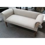 SOFA, of slight proportions, two seater in neutral fabric on turned supports, 134cm L.