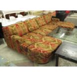 SOFA, in Ikat patterned chenille upholstery, 290cm L x 103cm D x 80cm H, along with two foot stools.