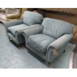 ARMCHAIRS, a pair of traditional form and substantial proportions in blue chenille,