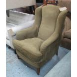 ARMCHAIR, olive green chenille, with high back, 82cm D x 74cm W x 107cm H.