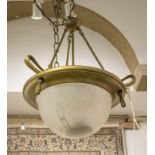 PENDANT LIGHT, in 1940s manner, in a brass frame with glass frosted diffuser. 60cm H plus chain.