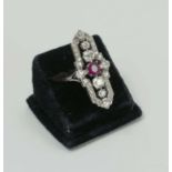 1930s DIAMOND AND RUBY SET COCKTAIL RING, white gold (?) 3.5cm L.