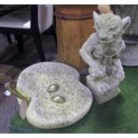 GARGOYLE AND HALF APPLE, garden sculptures, reconstituted stone, 55cm H x 43cm W respectively.