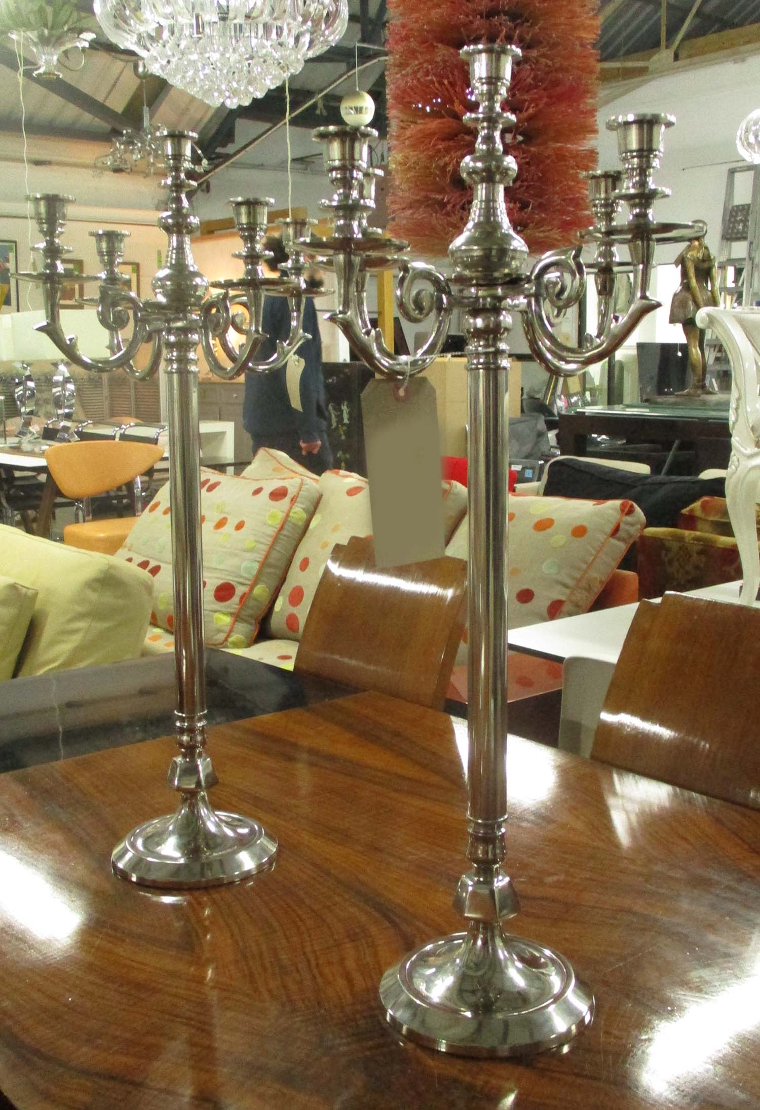 TABLE CANDELABRAS, a pair, Empire style, each four branches, with top sconce, plated silvered metal,