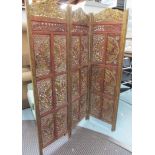 ASIAN SCREEN, four fold, carved and pierced detail, gold and bronze finish,