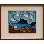 PABLO PICASSO 'Bacchanal with pair of lovers', Linocut, 28cm x 34cm, framed.