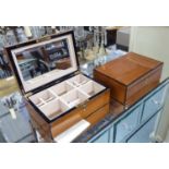 JEWELLERY BOXES, a pair, walnut with fitted interiors, 28cm x 20cm.