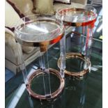 OCCASIONAL TABLES, a pair, Art Deco style, circular copper and lucite supports and tray tops.