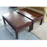 LOW TABLES, a pair, opium style, with inlaid woven rattan tops, 60cm D x 111cm W x 46cm H.