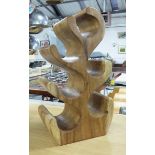 WINE RACK, for six bottles, carved and polished solid natural wood, 50cm H.