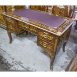 BUREAU PLAT, Louis XV style marquetry and brass mounted with five drawers, 130cm x 71cm x 81cm H.