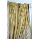 CURTAINS, a pair, crushed gold coloured silk, triple lined, pinched pleat,