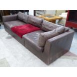 SOFA, contemporary in an umber leather with red velvet detail, 255cm x 93cm x 60cm.