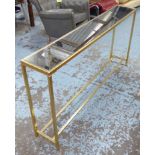CONSOLE TABLE, mirrored top, on a gilded metal base, 152cm x 26cm x 79cm H.