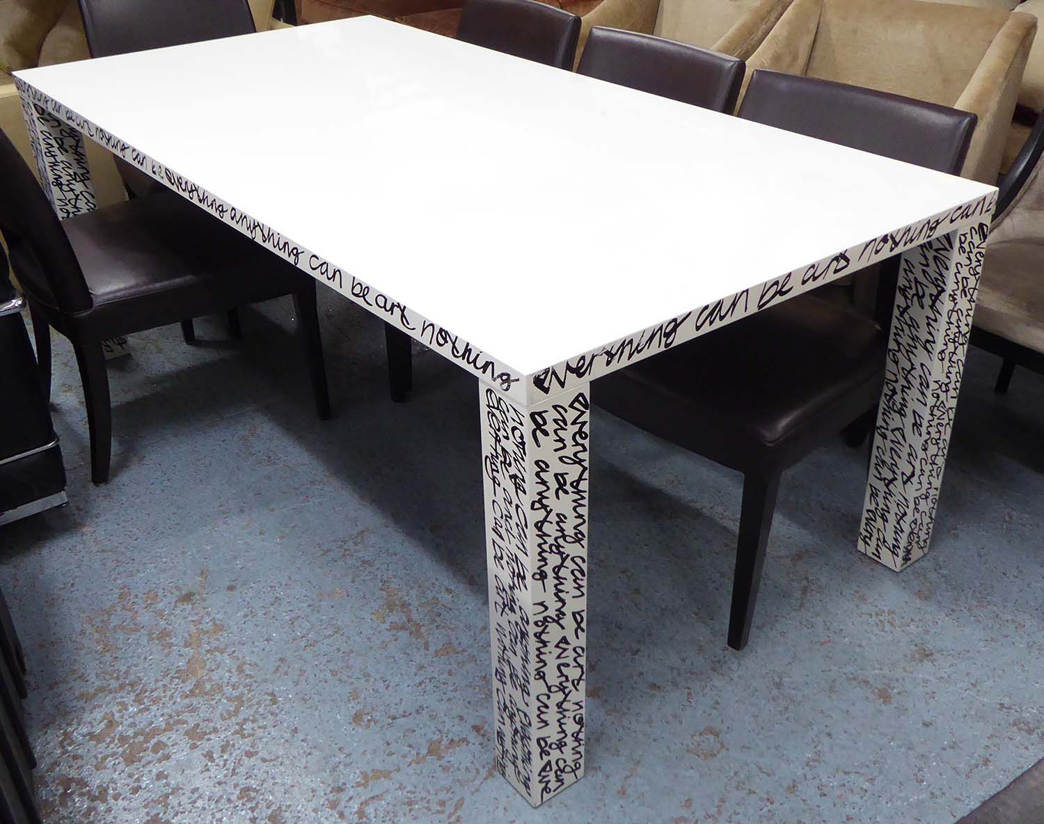 GRIME DINING TABLE, white lacquer, graffiti design by Grime, signed under table,