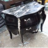 BLACK COMMODE, with marble top and two drawers, 100cm x 54cm x 84cm.