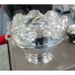 CAVIAR SERVER, with eight glasses, bowl in plated metal with sturgeon handles, 32cm diam x 32cm H.