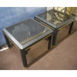 LOW TABLES, a pair, mid 20th century ebonised and brass mounted with square tinted glass tops,