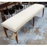 HALL SEAT, linen covered top, on reeded oak supports, 150cm x 47cm H x 40cm.