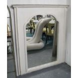 OVERMANTEL MIRROR, with a shaped plate in a painted distressed frame, 126cm W x 141cm H.