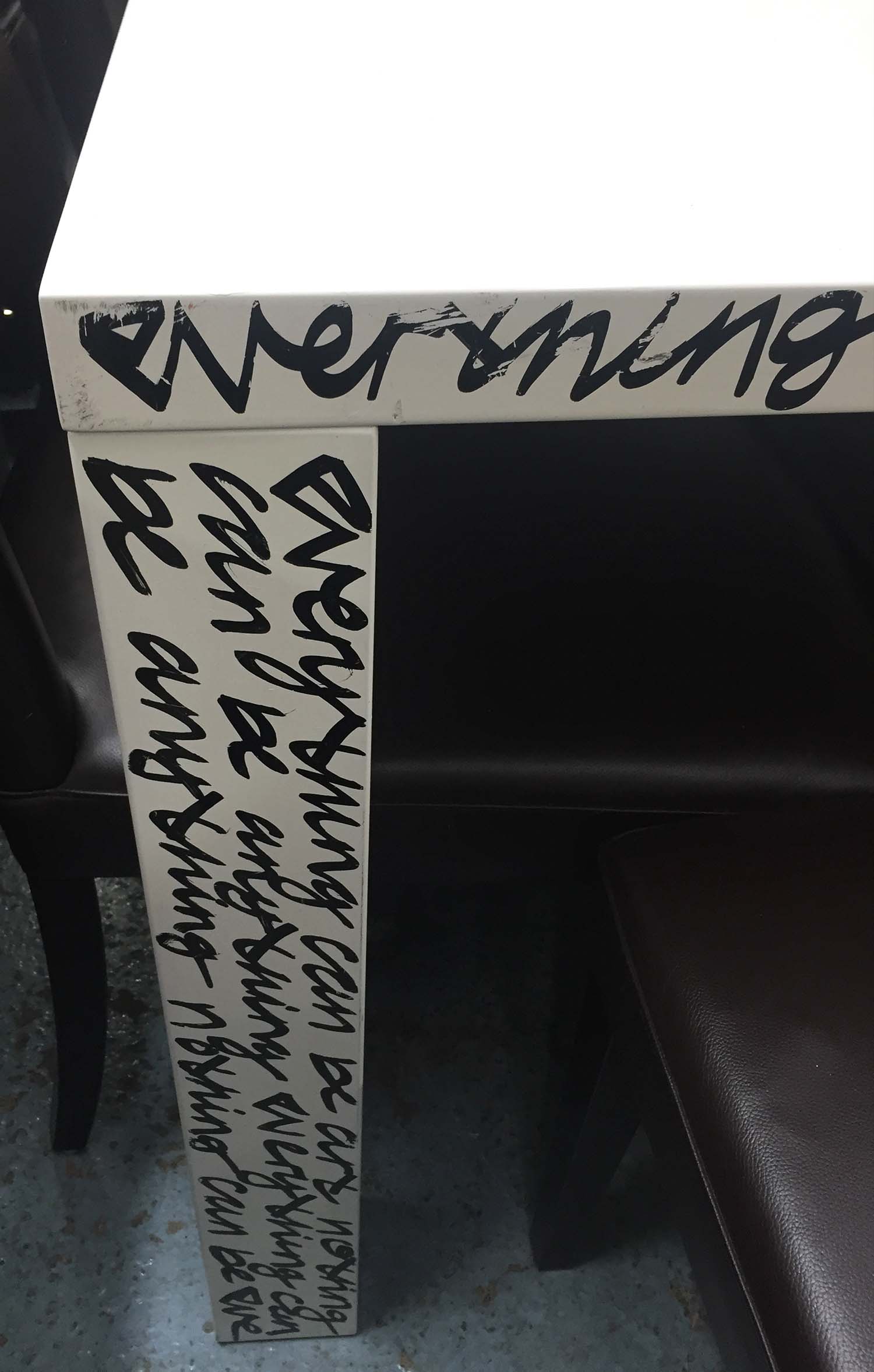 GRIME DINING TABLE, white lacquer, graffiti design by Grime, signed under table, - Image 2 of 2