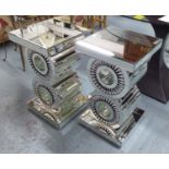 OCCASIONAL TABLES, a pair, circular mirrored tops on mirrored pedestal.