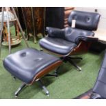 LOUNGER CHAIR AND STOOL, Charles Eames inspired, black buttoned leather,