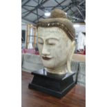 BUDDHA HEAD, carved wood, in a distressed effect cream painted finish,