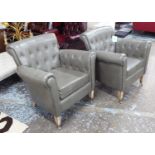 ARMCHAIR, a pair, grey leather edge upholstery buttoned back, tapered supports, 80cm x 72cm.