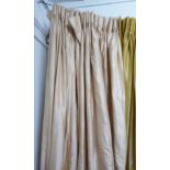 CURTAINS, a pair, crushed gold coloured silk, triple lined, pinched pleat,