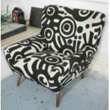 ARMCHAIR, mid 20th century in modernist black and white patterned fabric, 79cm W.