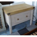 CHOPPING/WORK BLOCK TABLE, iron bound rectangular oak on painted base, with drawer,