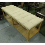 HALL SEAT, in neutral buttoned fabric with undershelf on turned supports, 150cm x 50cm x 51cm H.