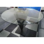 CENTRE TABLE, in glass, circular on black wooden base, 110cm dia x 76cm H.